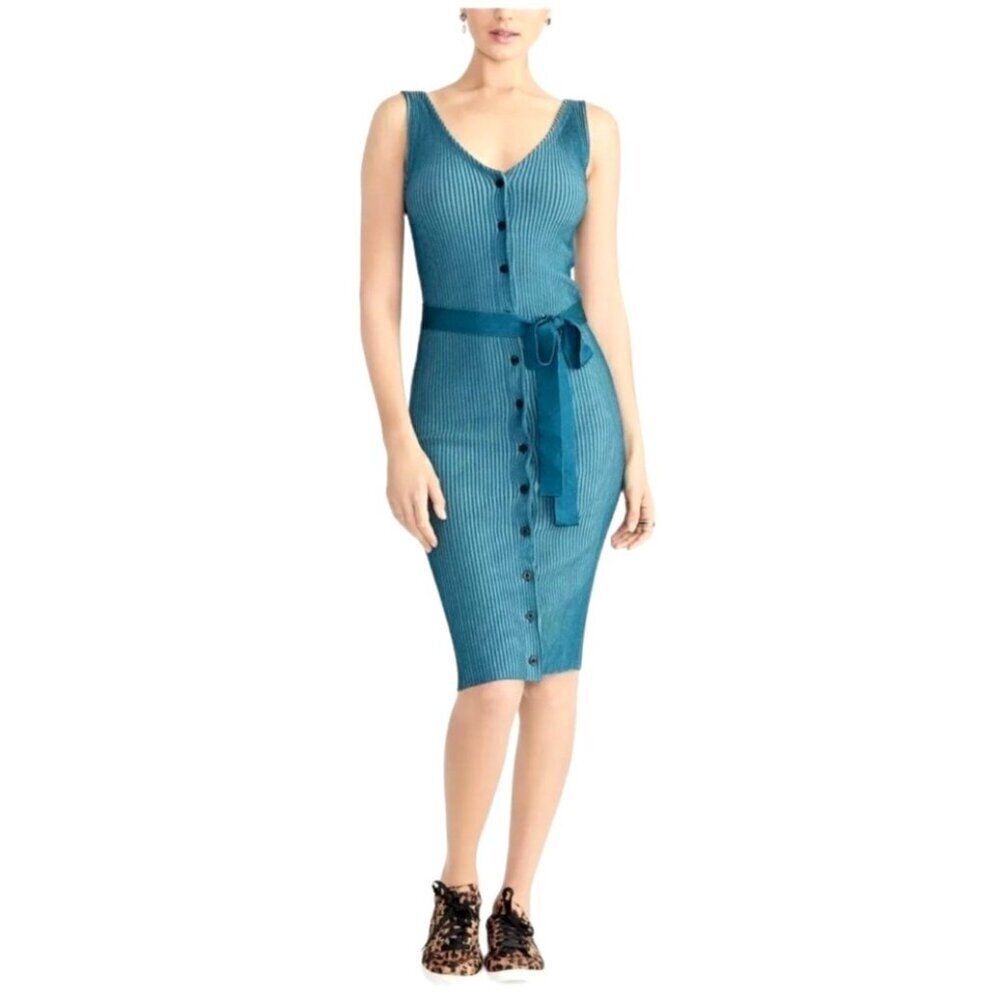 Rachel Roy Dress Women Small Blue Ribbed Knit Button Front‎ Sweater Sheath NWT